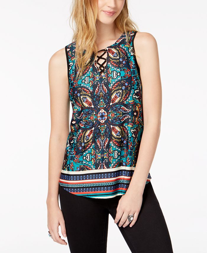 BCX Juniors' Printed Lace-Up Top - Macy's
