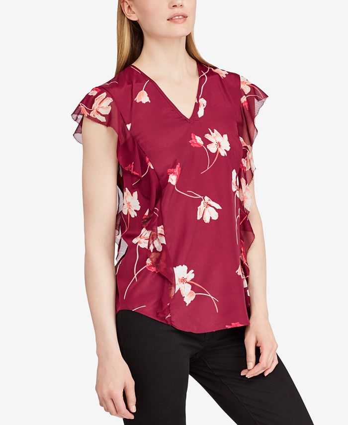 Maison Jules Womens Floral Print Ruffle Top Wine Size Medium