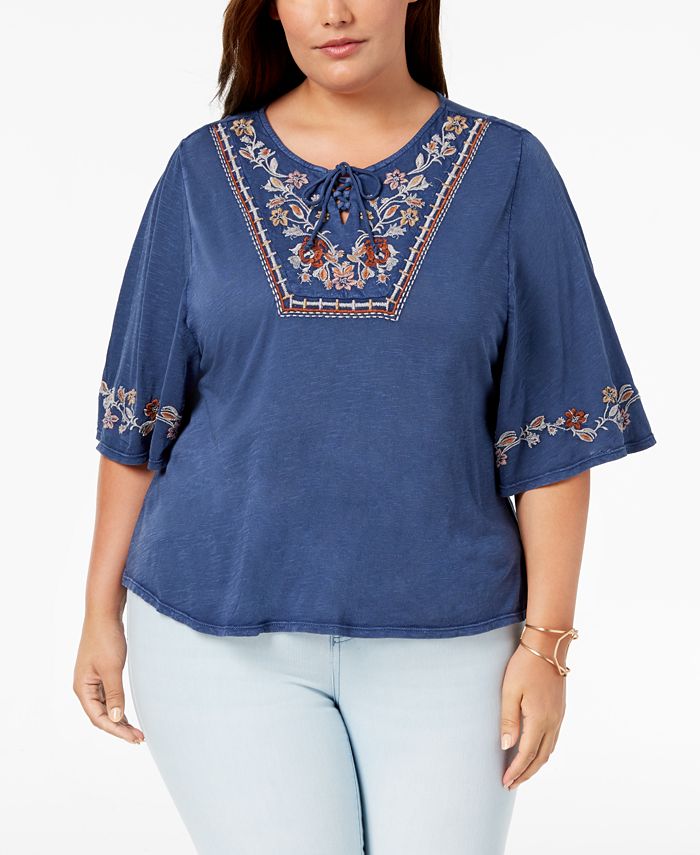 Style & Co Plus Size Lace-Up Embroidered Elbow-Sleeve Peasant Top ...