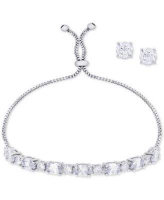 Clear Cubic Zirconia Slider Bracelet & Cubic Zirconia Stud Earrings Set in Silver-Plate, April Birthstone