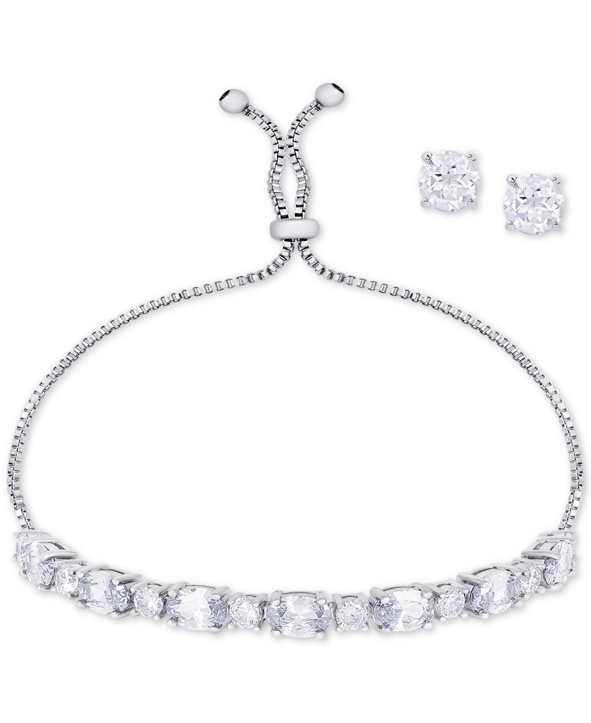 Clear Cubic Zirconia Slider Bracelet & Cubic Zirconia Stud Earrings Set in Silver-Plate, April Birthstone - April/Clear