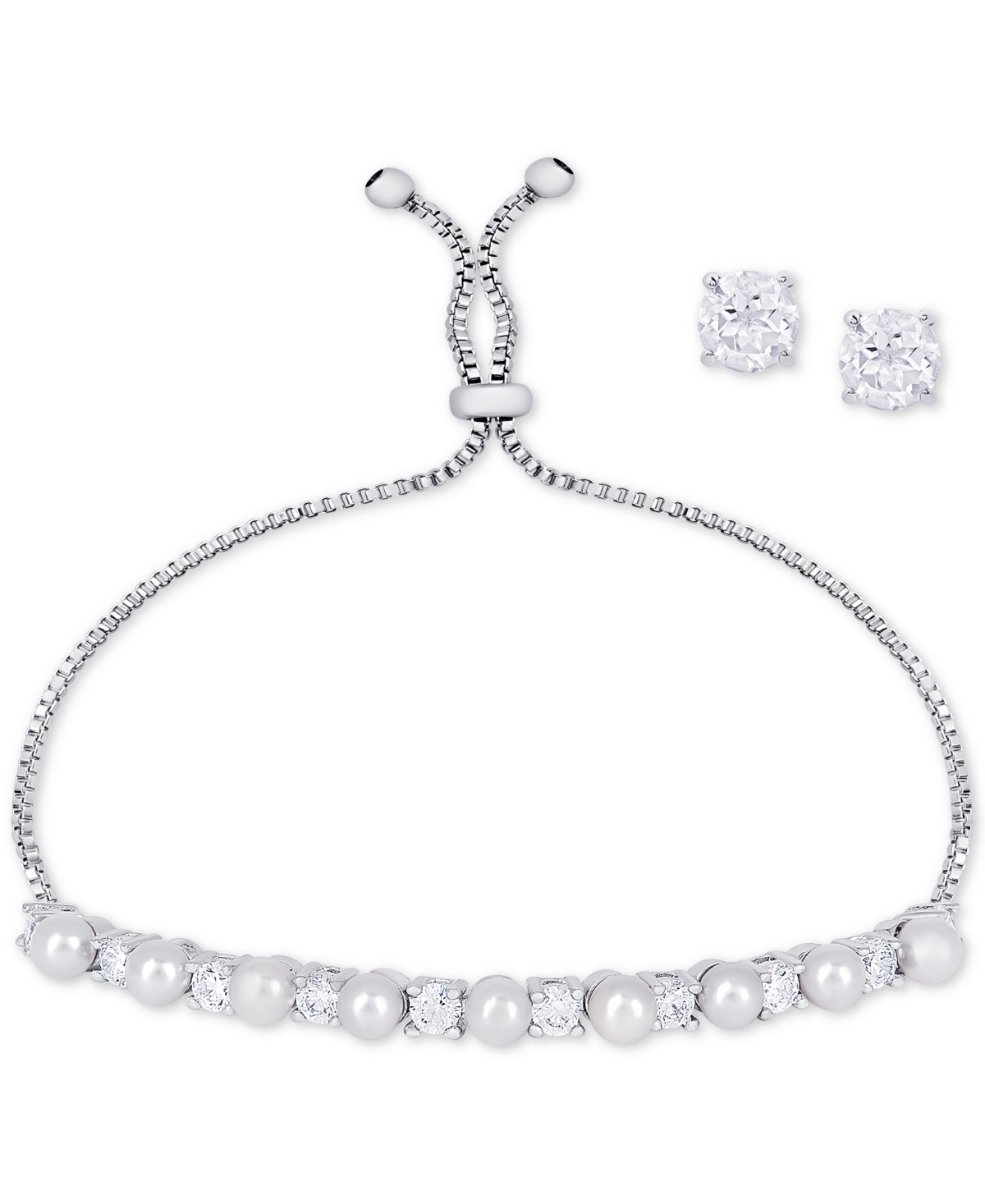 Macy's Imitation Pearl Slider Bracelet & Cubic Zirconia Stud Earrings Set In Silver-plate, June Birthstone In June,imitation Pearl