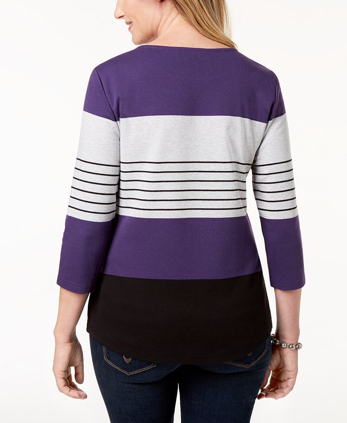 Karen Scott Womens Petite Striped Crossover Top Black Size Petite