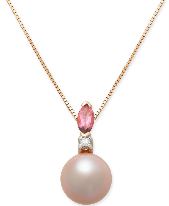 Macy's - Pink Cultured Freshwater Pearl (7mm), Pink Tourmaline (1/6 ct. t.w.) & Diamond Accent 18" Pendant Necklace in 14k Rose Gold