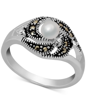 image of Freshwater Pearl (4mm), Marcasite & Crystal Ring in Fine Silver-Plate
