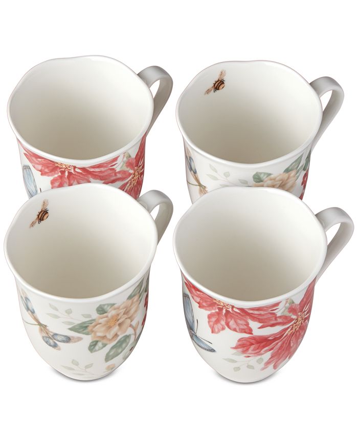 Lenox Butterfly Meadow Holiday Set/4 Mugs Poinsettias and Jasmine