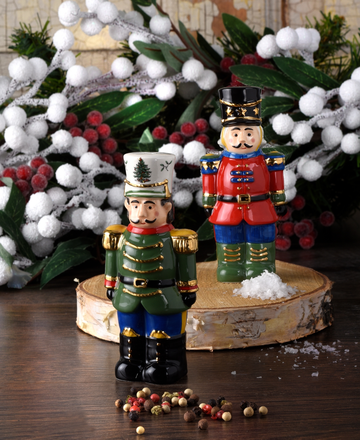 Spode Christmas Tree Nutcracker Salt & Pepper Shaker Set In Green,multi