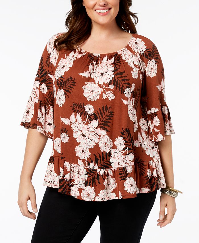 Style & Co Plus Size Printed Off-The-Shoulder Flounce Top, Created for ...