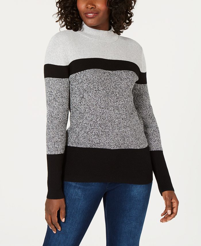 Karen Scott Womens Erin Cotton Colorblocked Mock Neck Sweater White Size Small