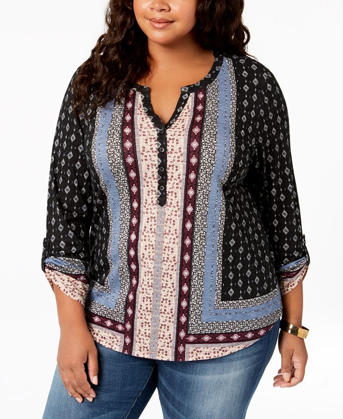 Style & Co Plus Size Mixed-Print Shirttail Hem Blouse, Created for Macy ...