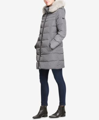DKNY - Petite Faux-Fur-Trim Hooded Puffer Coat