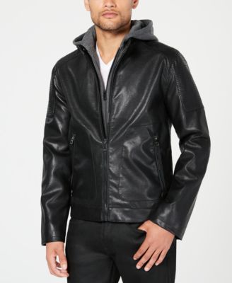 guess men's leather jacket with hood