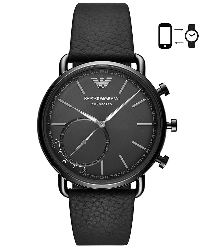 Emporio Armani Men's Black Leather Strap Hybrid Smart Watch 43mm ...