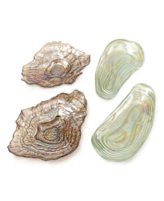 Two's Company - Sea Glass Set of 4 Lustrous Shell Plates Includes 2 Designs Each in 2 Sizes: Clam and Oyster
