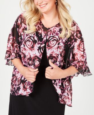 Connected Plus Size Printed Chiffon-Cape Dress