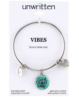 Unwritten - "Good Vibes Only" Adjustable Charm Bangle Bracelet in Stainless Steel