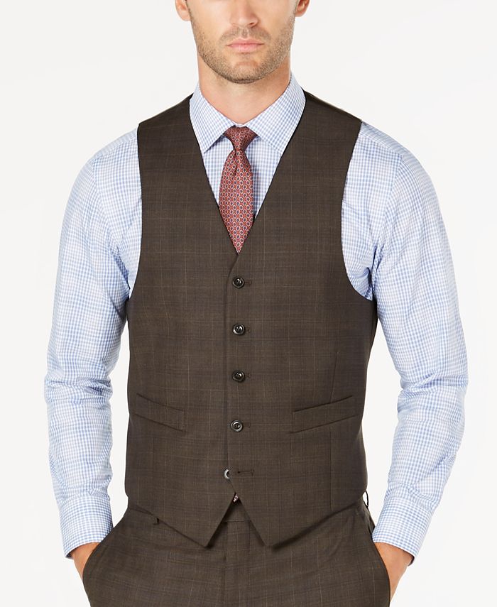 Michael Kors Men's Classic-Fit Stretch Brown Plaid Vested Suit - Macy's