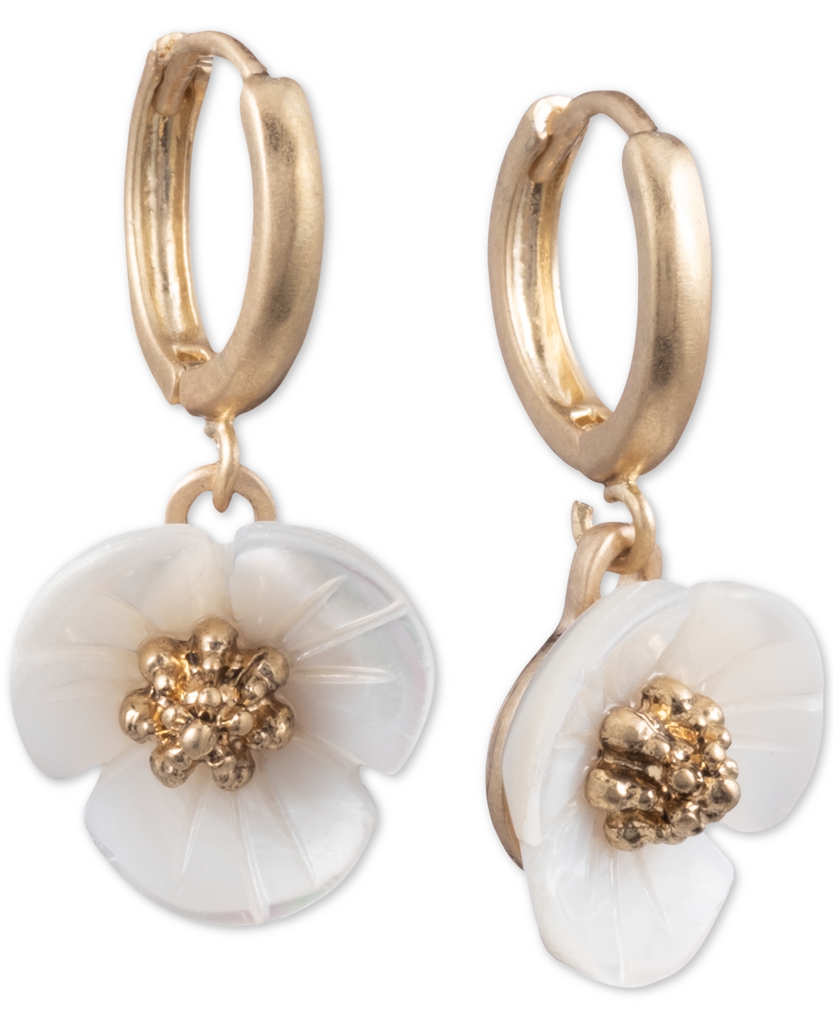 Gold-Tone Imitation Mother-of-Pearl Flower Drop Small Earrings - White