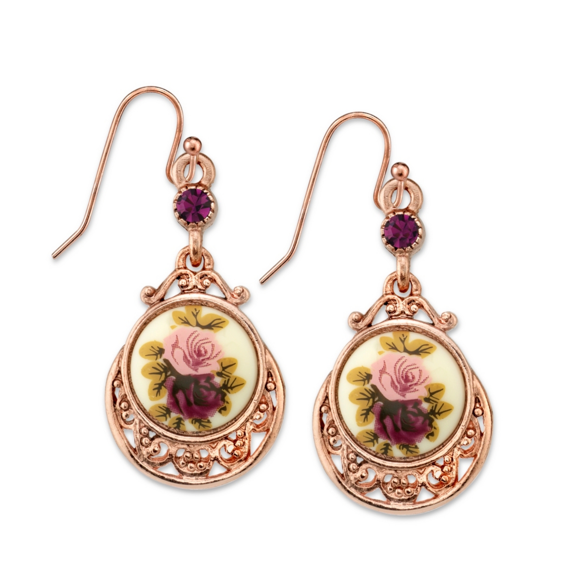 Rose Gold Tone Purple Crystal Flower Drop Earrings - Multi