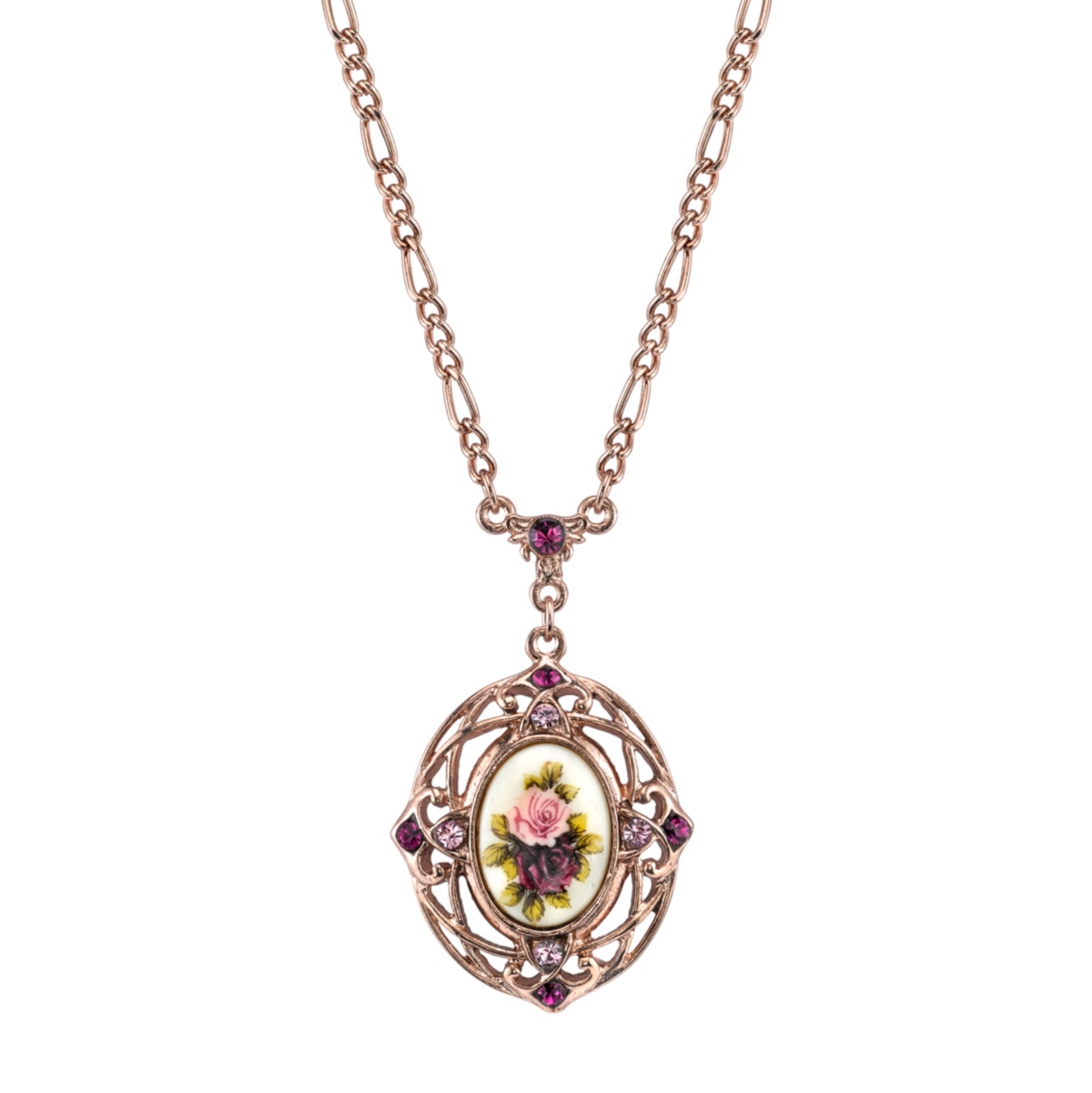 2028 Rose Gold-tone Purple Crystal Flower Pendant Necklace 28" In Multi