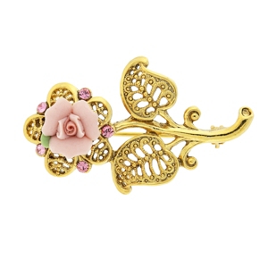 image of 2028 Gold-Tone Pink Crystal and Porcelain Rose Brooch
