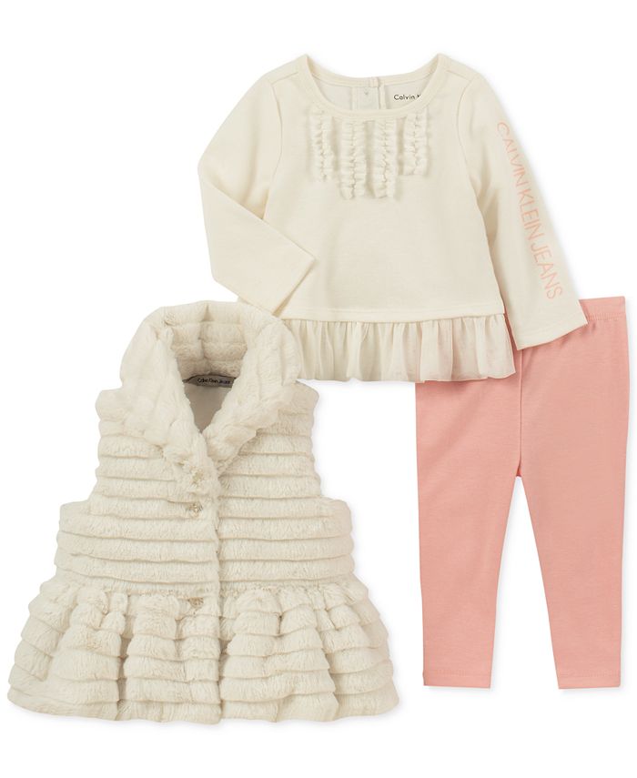 Calvin Klein Baby Girls 3-Pc. Faux-Fur Vest, Tunic & Leggings Set - Macy's