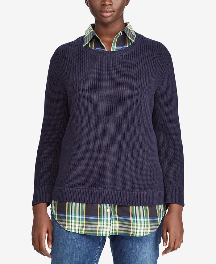 Lauren Ralph Lauren Plus Size Layered-Look Plaid Contrast Sweater - Macy's