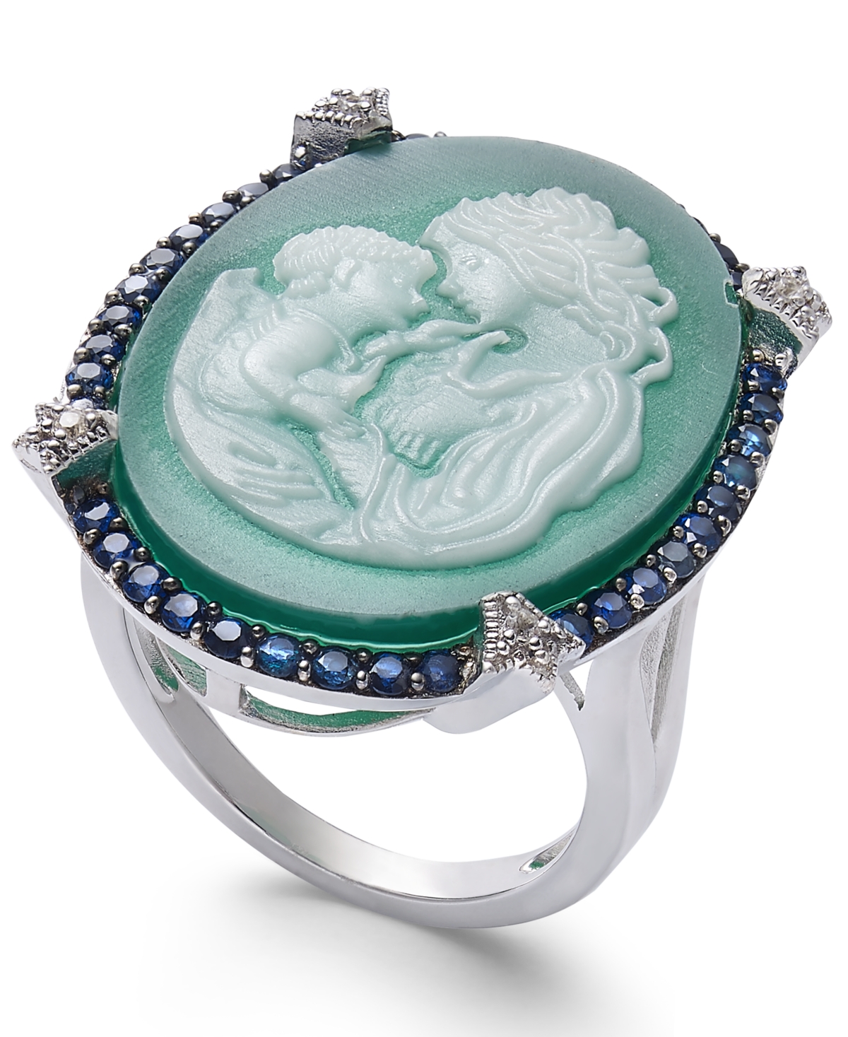 Green Agate, Sapphire (1/2 ct. t.w.) & Diamond Accent Mother & Child Cameo Ring in Sterling Silver - Silver