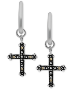 image of Marcasite C-Hoop Cross Drop Earrings in Fine Silver-Plate