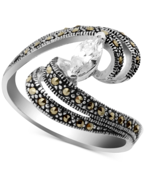 image of Cubic Zirconia & Marcasite Swirl Ring in Fine Silver-Plate