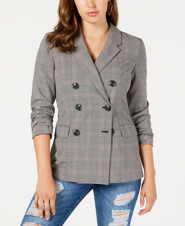 GUESS Alexa Double-Breasted Plaid Blazer - Macy's