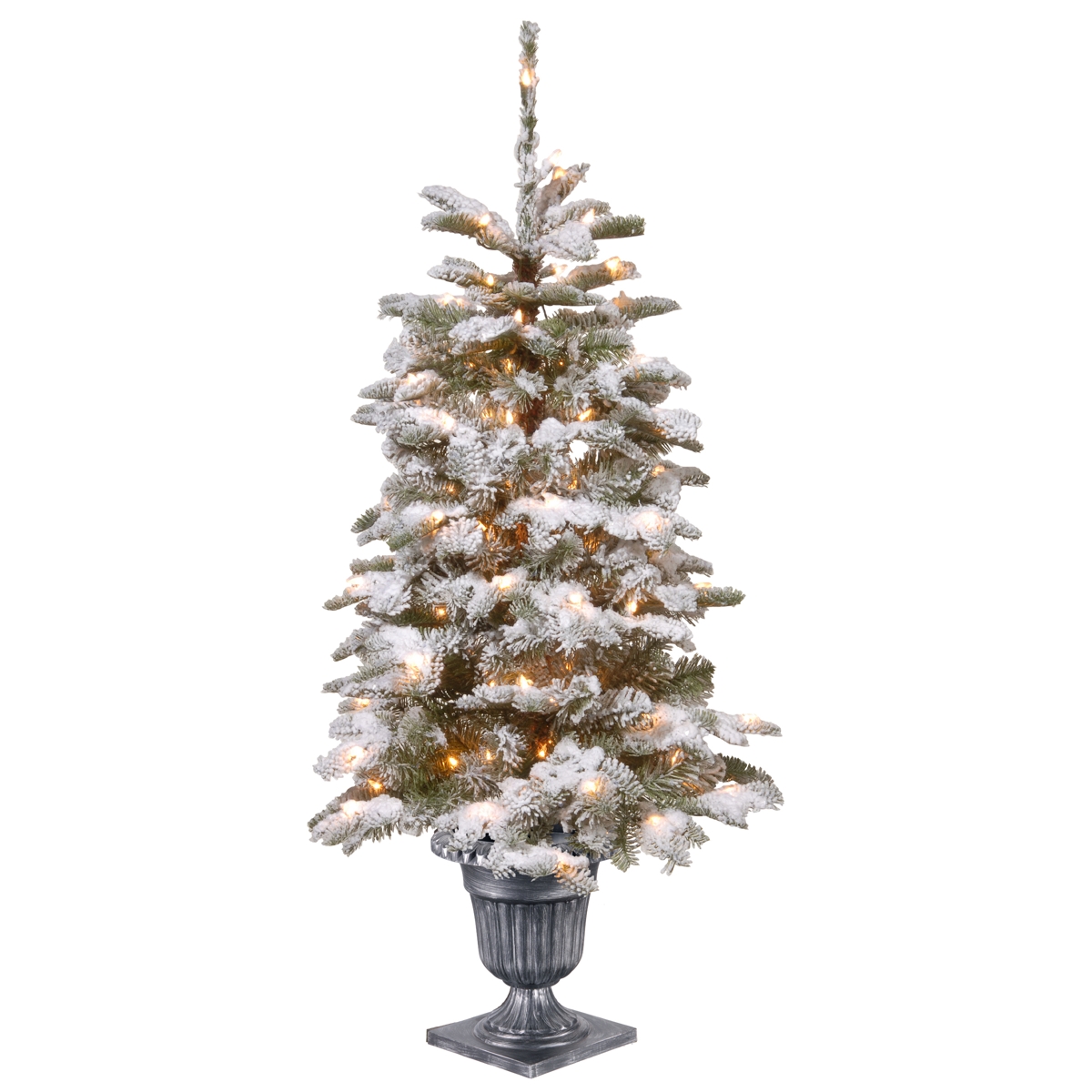 National Tree Company Feel Real Snowy Camden Entrance Tree in Silver Brushed Urn with 100 Clear Lights