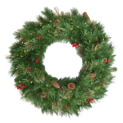 National Tree Company 30" Glistening Pine Wreath with Pine Cones, Red Berries, Twigs & 50 Warm White Battery Operated LED Lights w/Timer