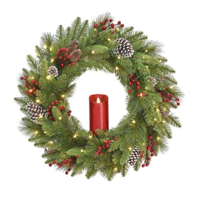 National Tree Company - 24" Feel Real&reg;  Bristle Berry Wreath with  50 Battery Operated LED lights,  Red Electronic Candle  Red Berries &  Cones