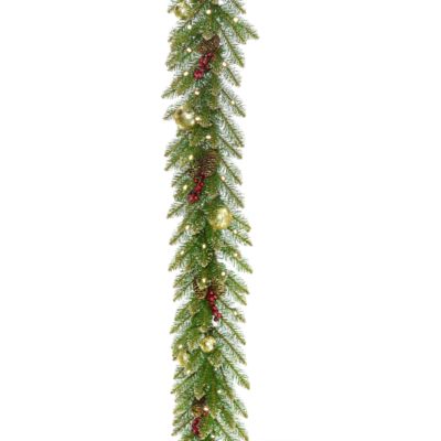 National Tree Company - 9'x 10" Glittery Gold Dunhill&reg;  Fir Garland w/ Red Berries, Gold Edged Cones, Gold Ornaments & Warm White Battery Operated LED Lights w/Timer