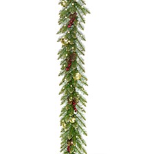 9'x 10" Glittery Gold Dunhill®  Fir Garland w/ Red Berries, Gold Edged Cones, Gold Ornaments & Warm White Battery Operated LED Lights w/Timer