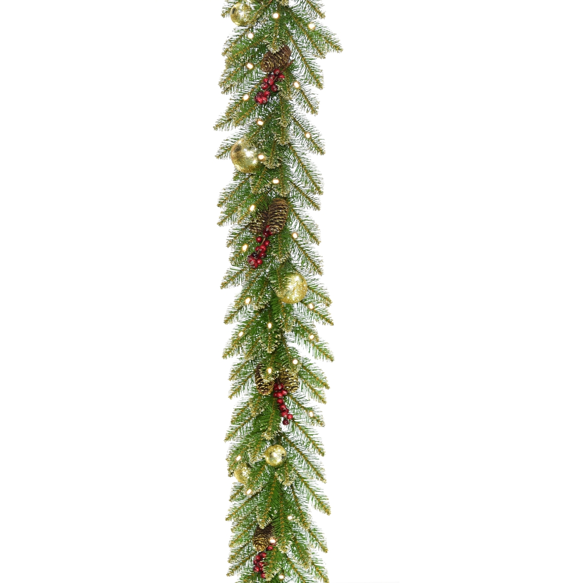 9'x 10" Glittery Gold Dunhill Fir Garland w/ Red Berries, Gold Edged Cones, Gold Ornaments & Warm White Battery Operated Led Lig