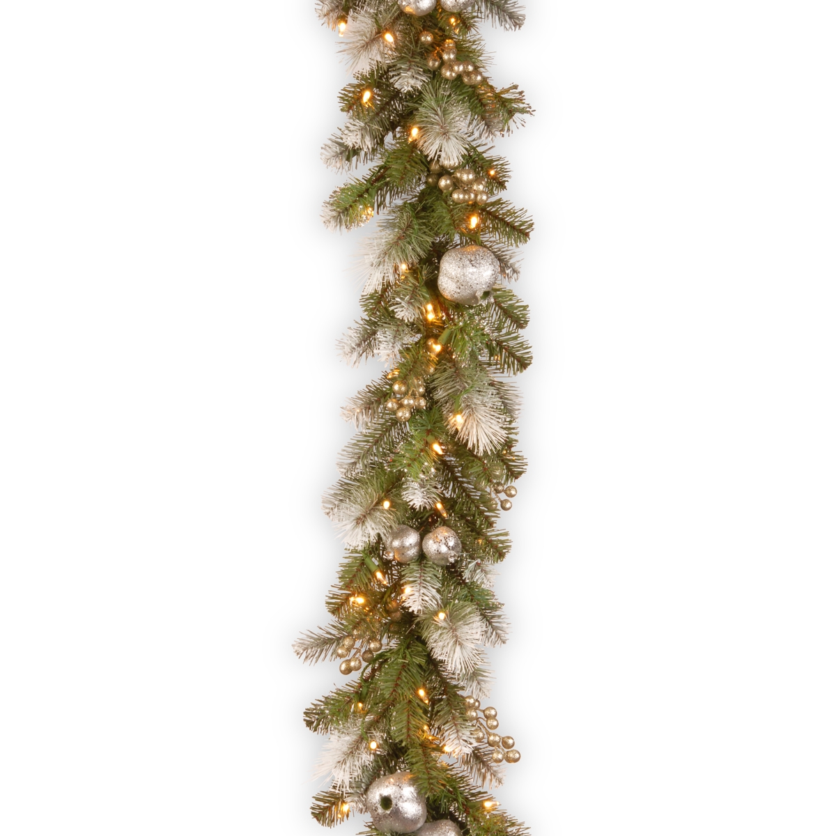 9' Glittery Pomegranate Pine Garland with Silver Pomegranates,Champagne Berries Frosted Tips and 100 Clear Lights - Green