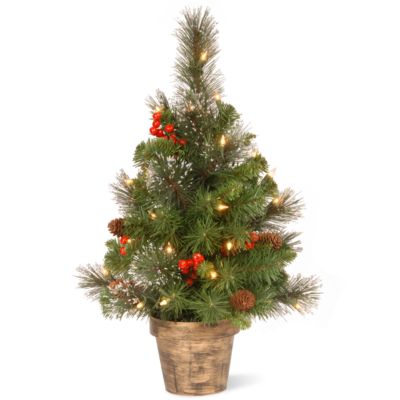 National Tree Company - 2' Crestwood Spruce Small Tree with Silver Bristle, Cones, Red Berries and Glitter in a Plastic Bronze Pot with 35 Clear Lights