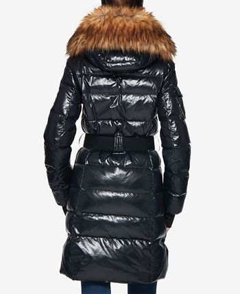 S13 Chalet Faux Fur Trim Hooded Belted Down Puffer Coat Macy s