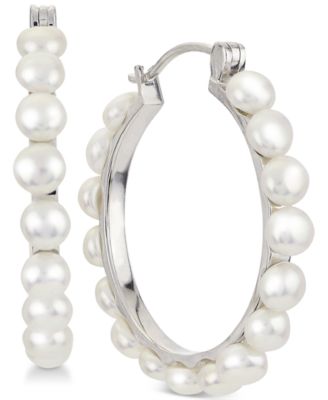 Macy's Cultured Button Freshwater Pearl (4mm) Hoop Earrings in Sterling ...