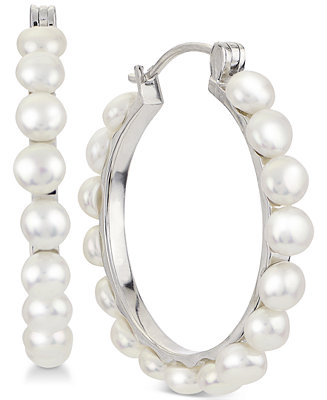 Macy\'s Cultured Button Freshwater Pearl (4mm) Hoop Earrings in Sterling  Silver - Macy\'s