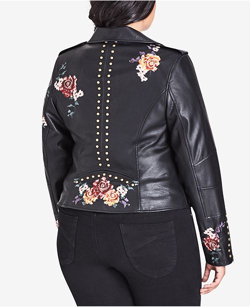 City Chic Trendy Plus Size Embroidered Faux-Leather Moto ...