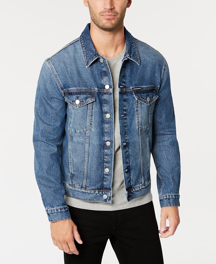 Calvin Klein Jeans monogram print denim trucker jacket in mid wash