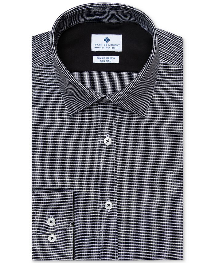 Ryan Seacrest Distinction Men's Slim Fit Non Iron Performance Stretch Check Graph Check Dress Blue Size 18X32X33