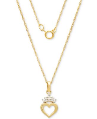 Children's Princess Heart & Tiara 15" Pendant Necklace in 14k Gold