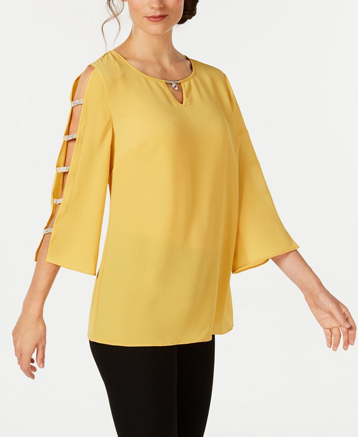JM Collection Jeweled-Neck Ladder-Sleeve Top, Created for Macy's - Macy's