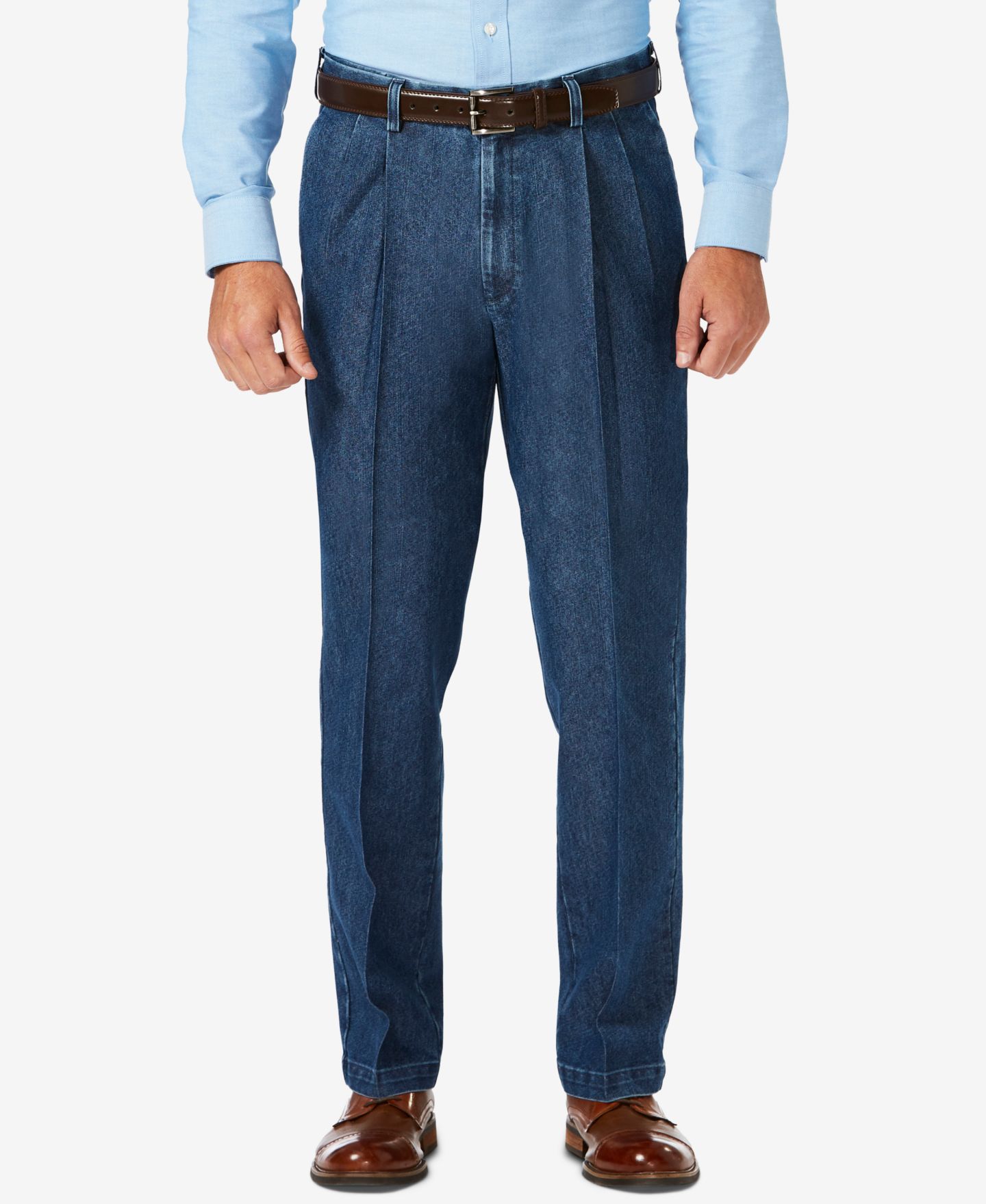 Мужские брюки Haggar Stretch Denim Classic-Fit Pleated, цвет: Стоунвош — фото 1