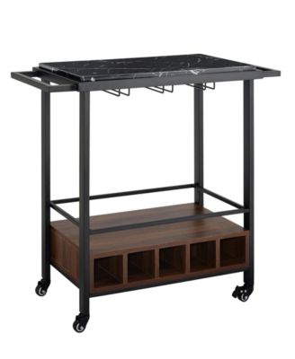 Walker Edison - 34 inch Black Faux Marble Serving Bar Cart with Dark Walnut Base