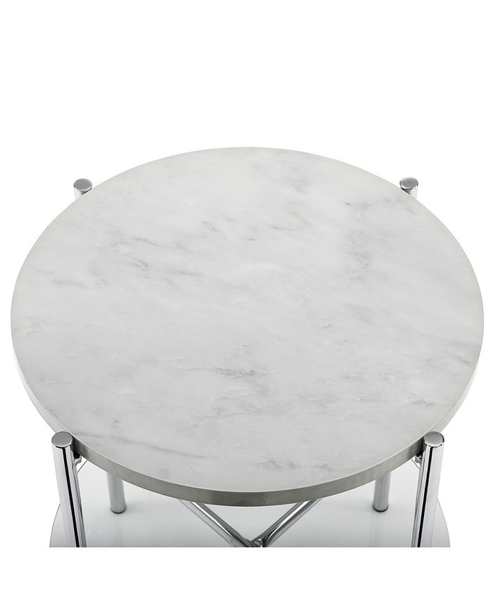 Walker Edison - 20 inch Round Side Table in White Faux Marble with Glass Shelf and Chrome Legs